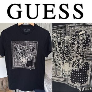 GUESS RHINESTONE TIGER PAISLEY BLACK T-SHIRT 100% Cotton UNISEX SMALL